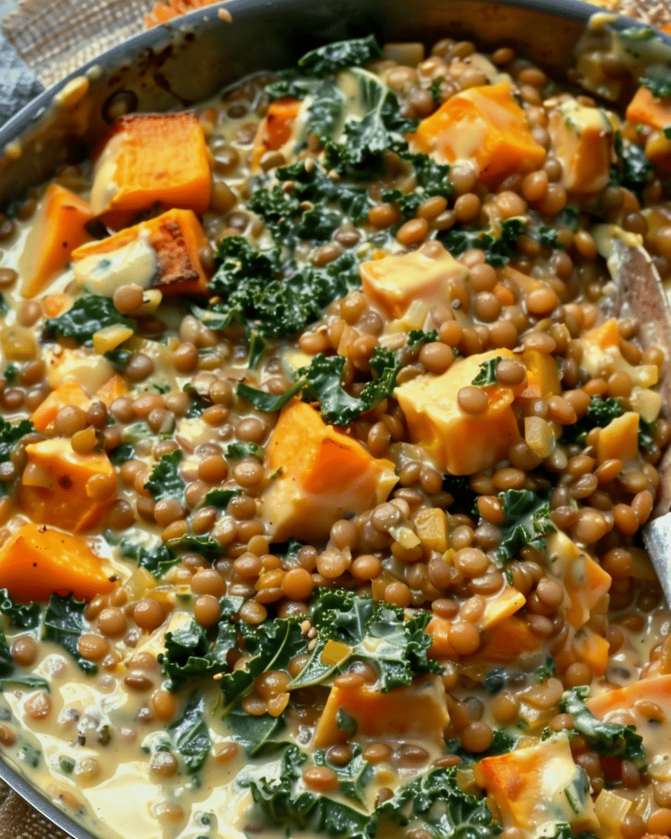 One Pan Creamy Lentils, Japanese Sweet Potatoes, and Kale