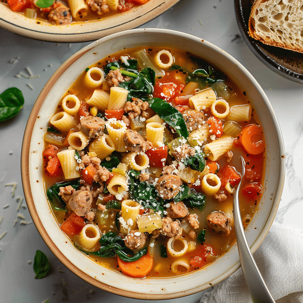 Italian Sausage Soup with Spinach and Pasta Recipe