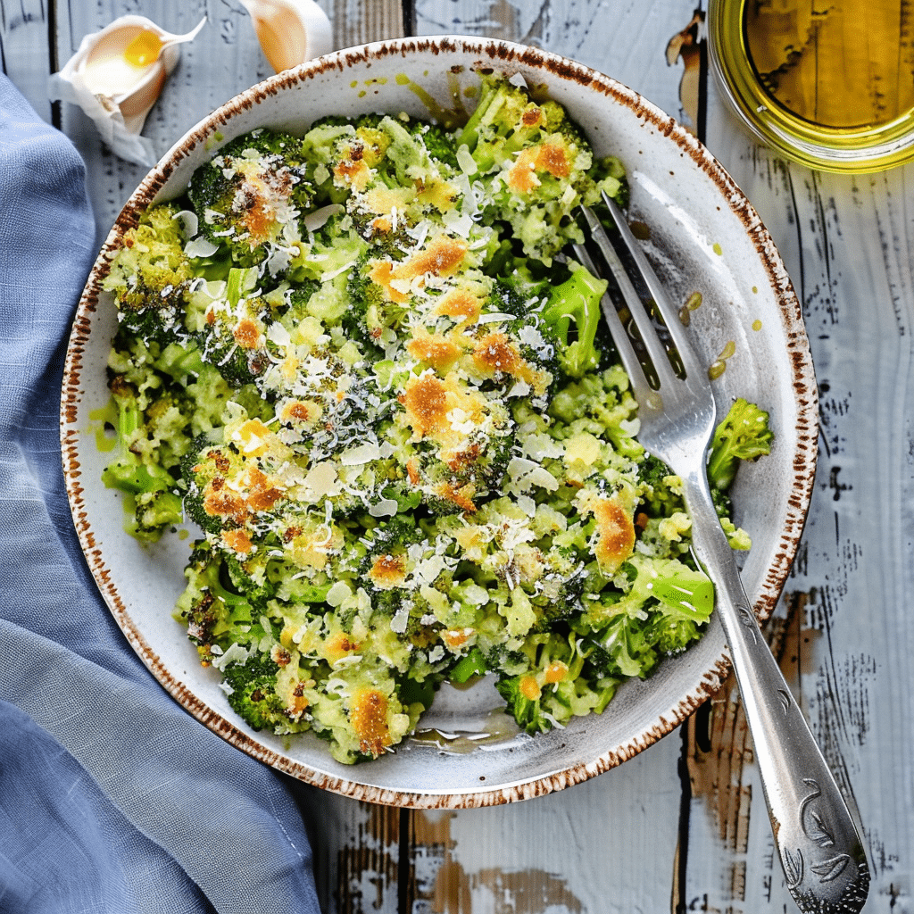 Smashed Broccoli with Parmesan and Garlic-Infused Olive Oil