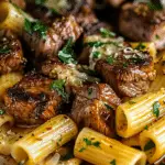 Garlic Butter Steak Tips with Cheesy Rigatoni