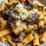 Garlic Butter Steak Tips with Cheesy Rigatoni