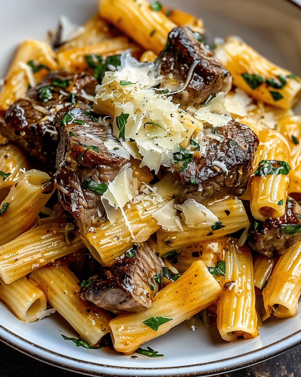 Garlic Butter Steak Tips with Cheesy Rigatoni