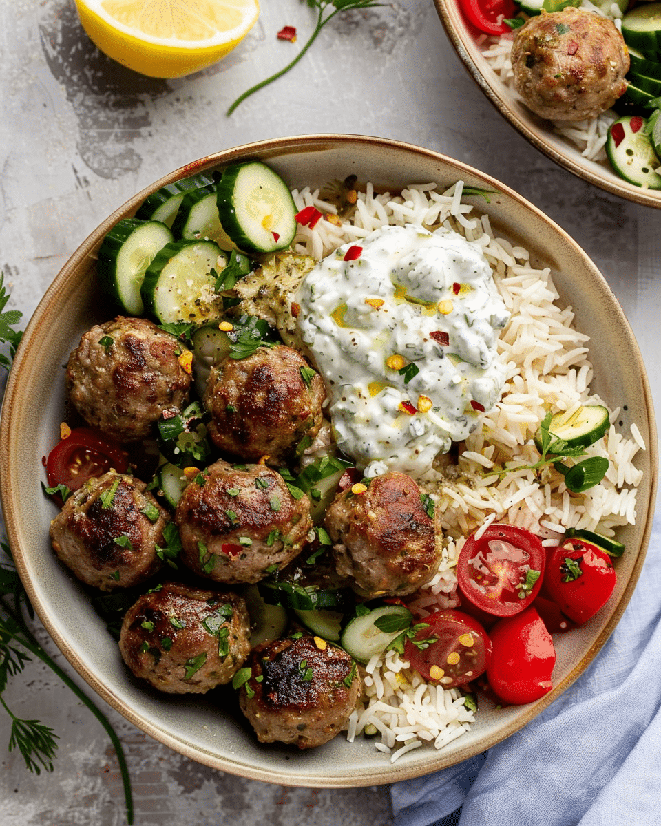 Gyro Bowls (Meatballs with Tzatziki, Lemon Rice, and Cucumber Salad)