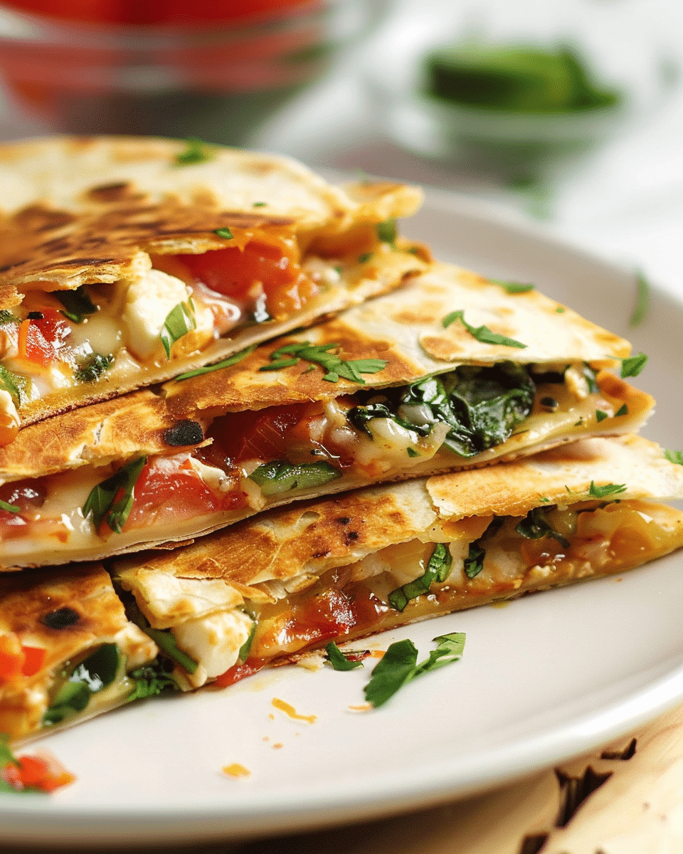 Mediterranean Quesadillas Recipe with Spinach, Feta, Mozzarella, and Red Onion