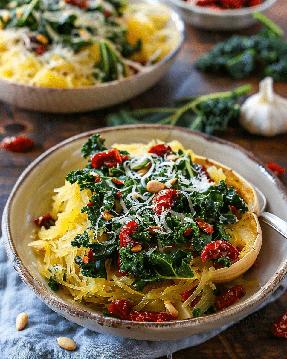 Roasted Garlic and Kale Spaghetti Squash with Sun-Dried Tomatoes