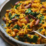 One Pot Vegan Caribbean Pelau with Beans and Spinach