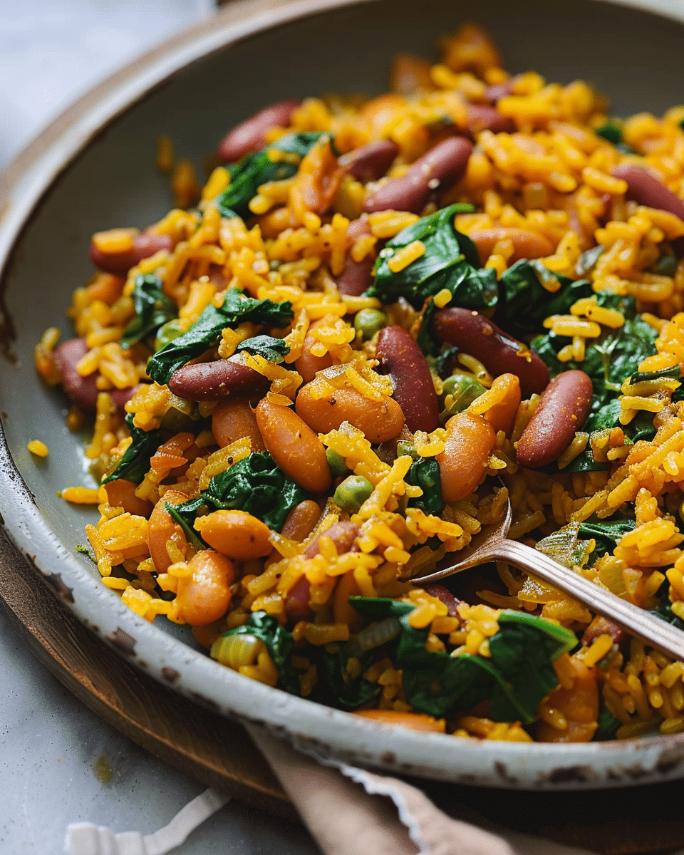 One Pot Vegan Caribbean Pelau with Beans and Spinach