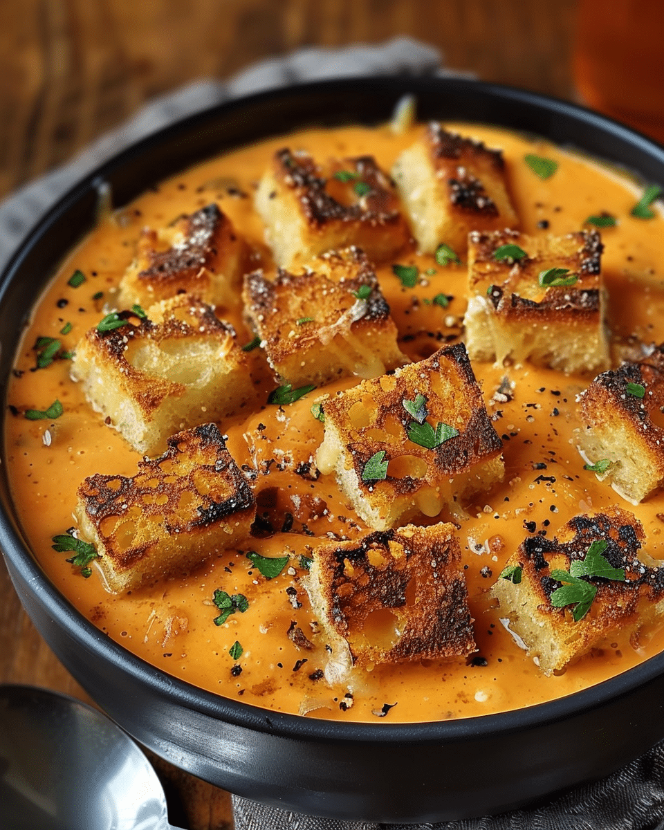 Creamy Tomato Bisque with Grilled Cheese Croutons