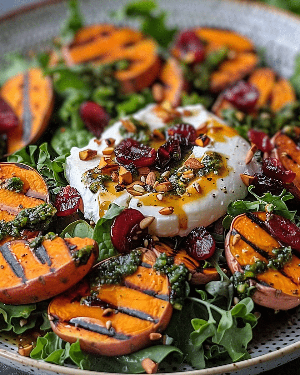 Grilled Sweet Potato & Burrata Salad with Cranberry Pepita Pesto