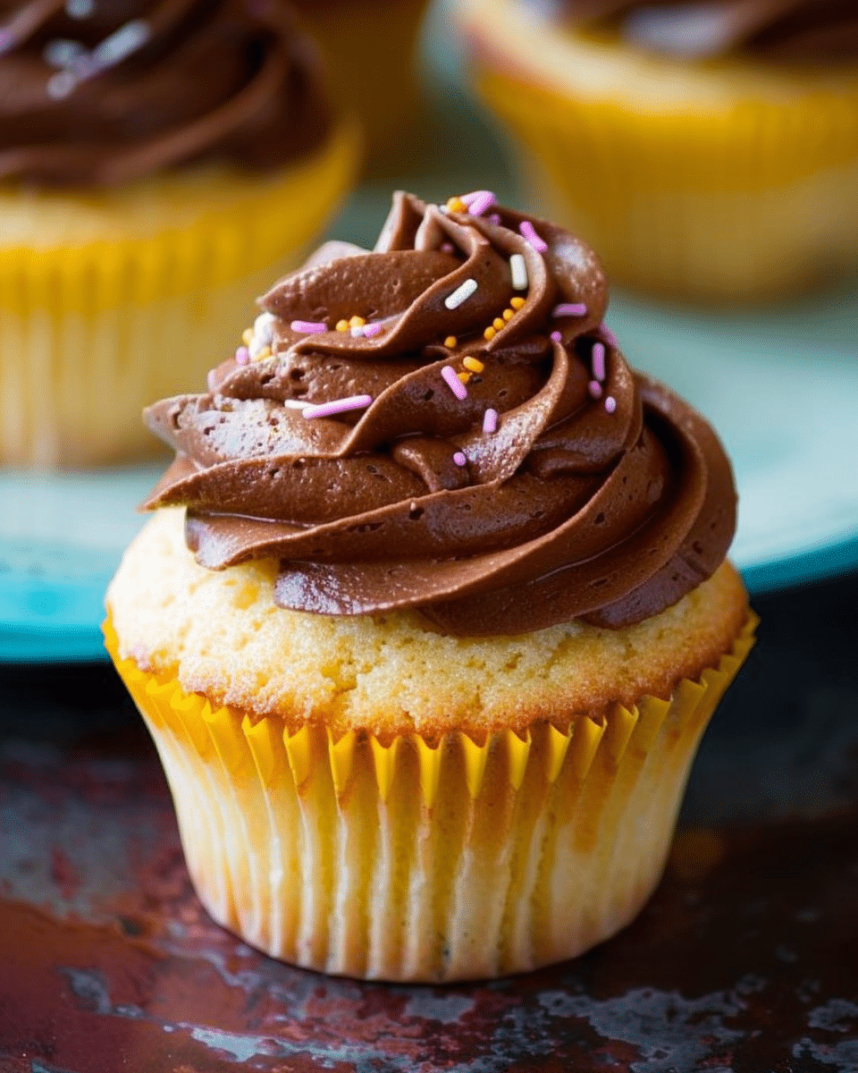 Moist Yellow Cupcakes with Milk Chocolate Frosting