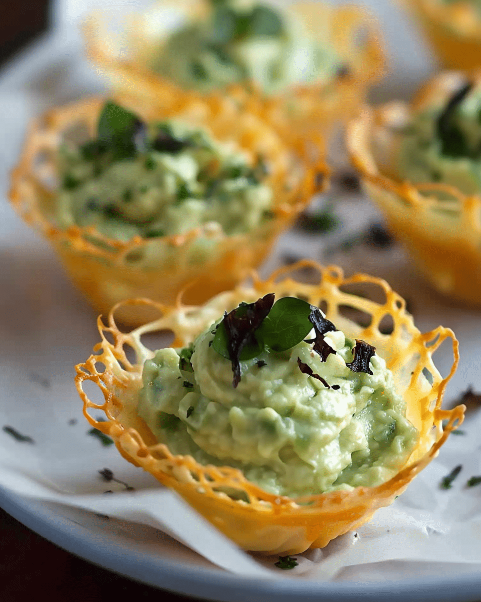 Cheddar Cups with Avocado Feta Mousse
