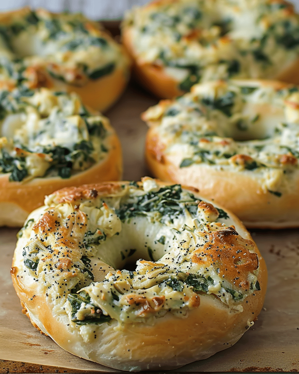 Cheesy Spinach-Artichoke Bagels