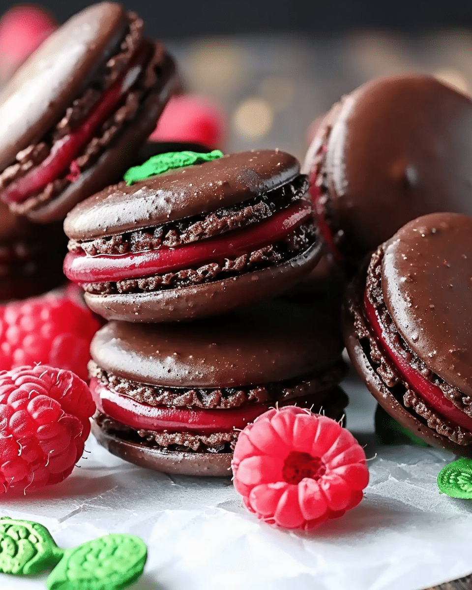 Dark Chocolate Raspberry Macarons