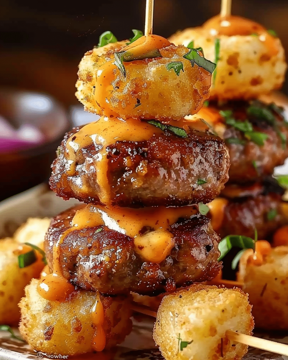 Mini Burger Skewers with Tater Tot Buns