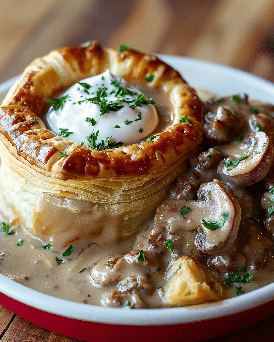 Sausage Gravy with Mushrooms in Puff Pastry Bowl Recipe