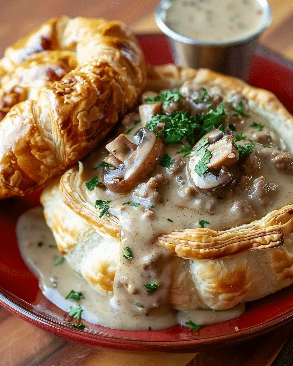 Sausage Gravy with Mushrooms in Puff Pastry Bowl Recipe
