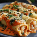 Shrimp and Spinach Stuffed Pasta Rolls with Roasted Red Pepper Cream