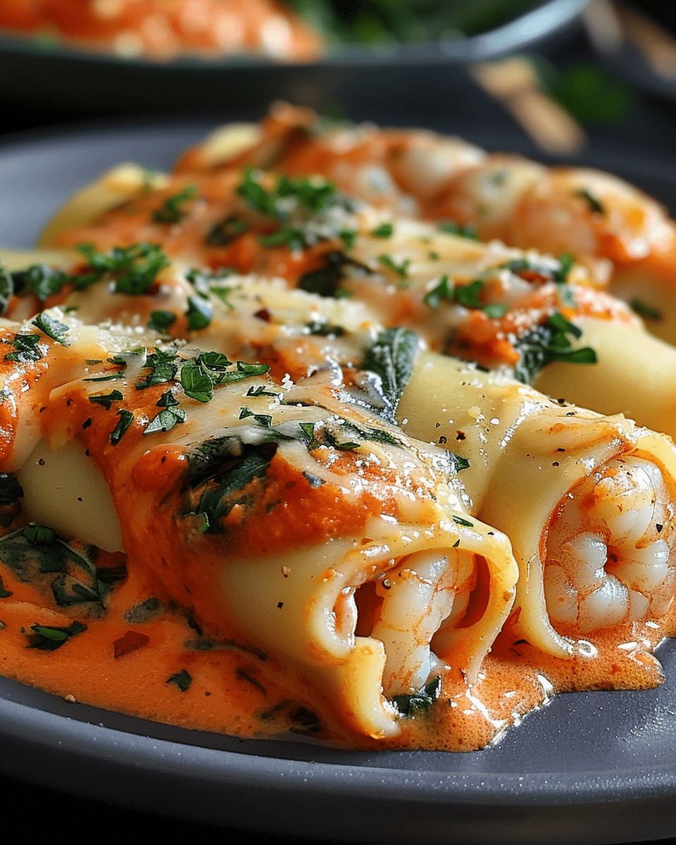 Shrimp and Spinach Stuffed Pasta Rolls with Roasted Red Pepper Cream