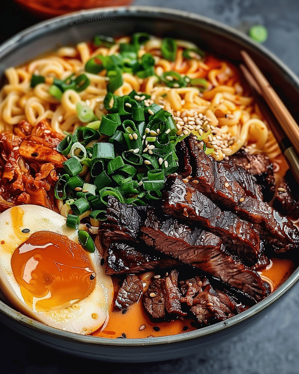 Spicy Korean Ramen with Grilled Beef & Creamy Sauce