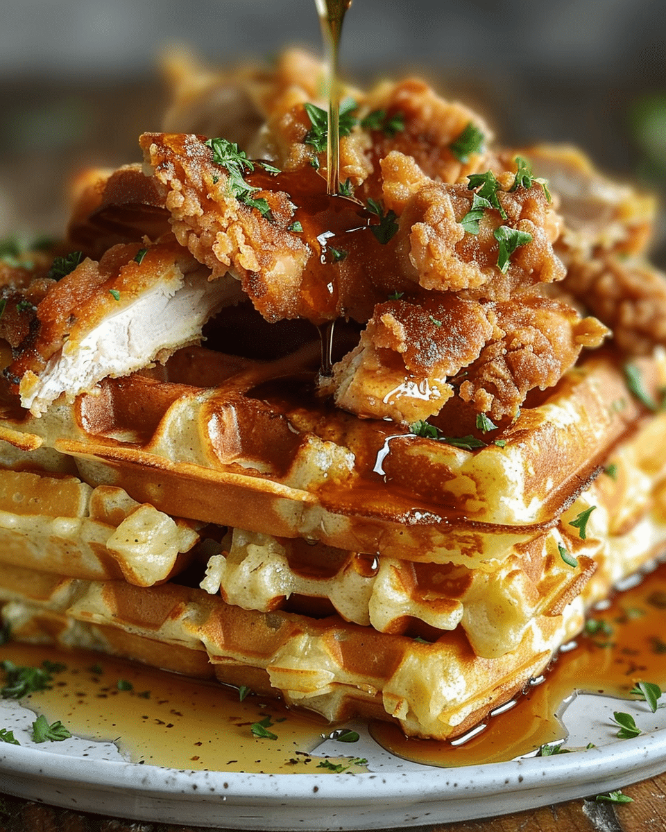 Ultimate Chicken & Waffle Casserole with Crispy Fried Chicken and Maple Syrup Drizzle