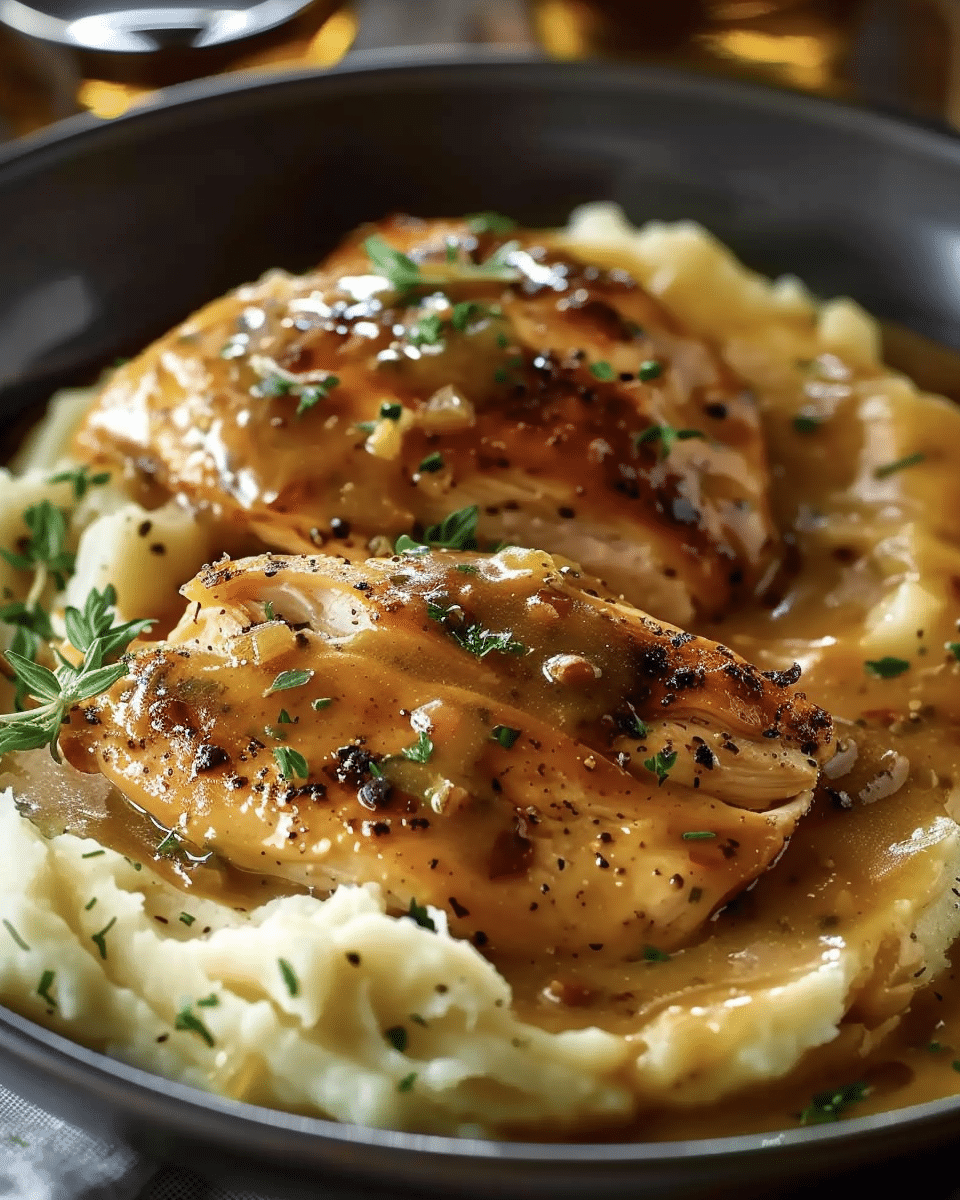 Chicken and Garlic Gravy with Cheesy Mashed Potatoes