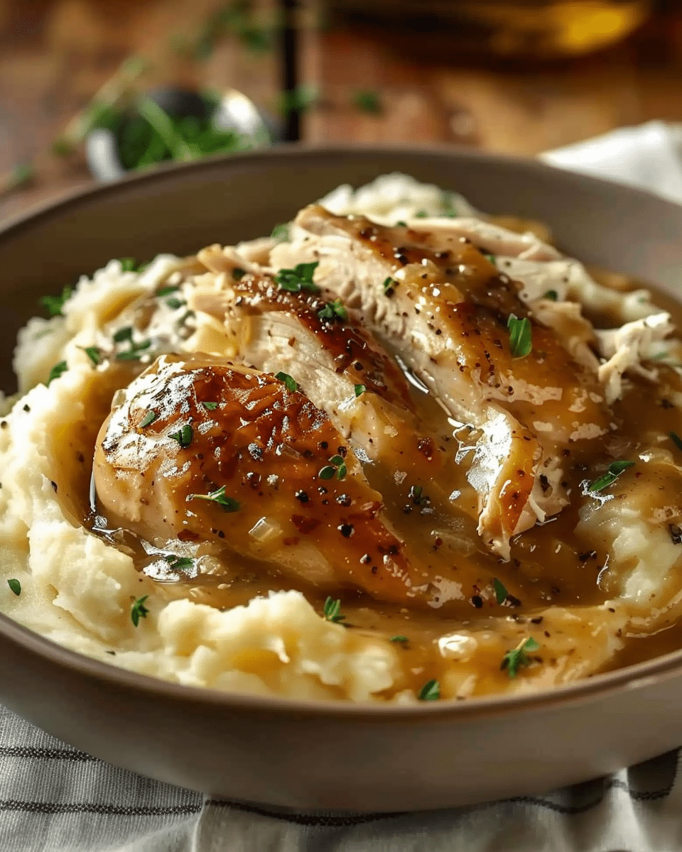 Chicken and Garlic Gravy with Cheesy Mashed Potatoes