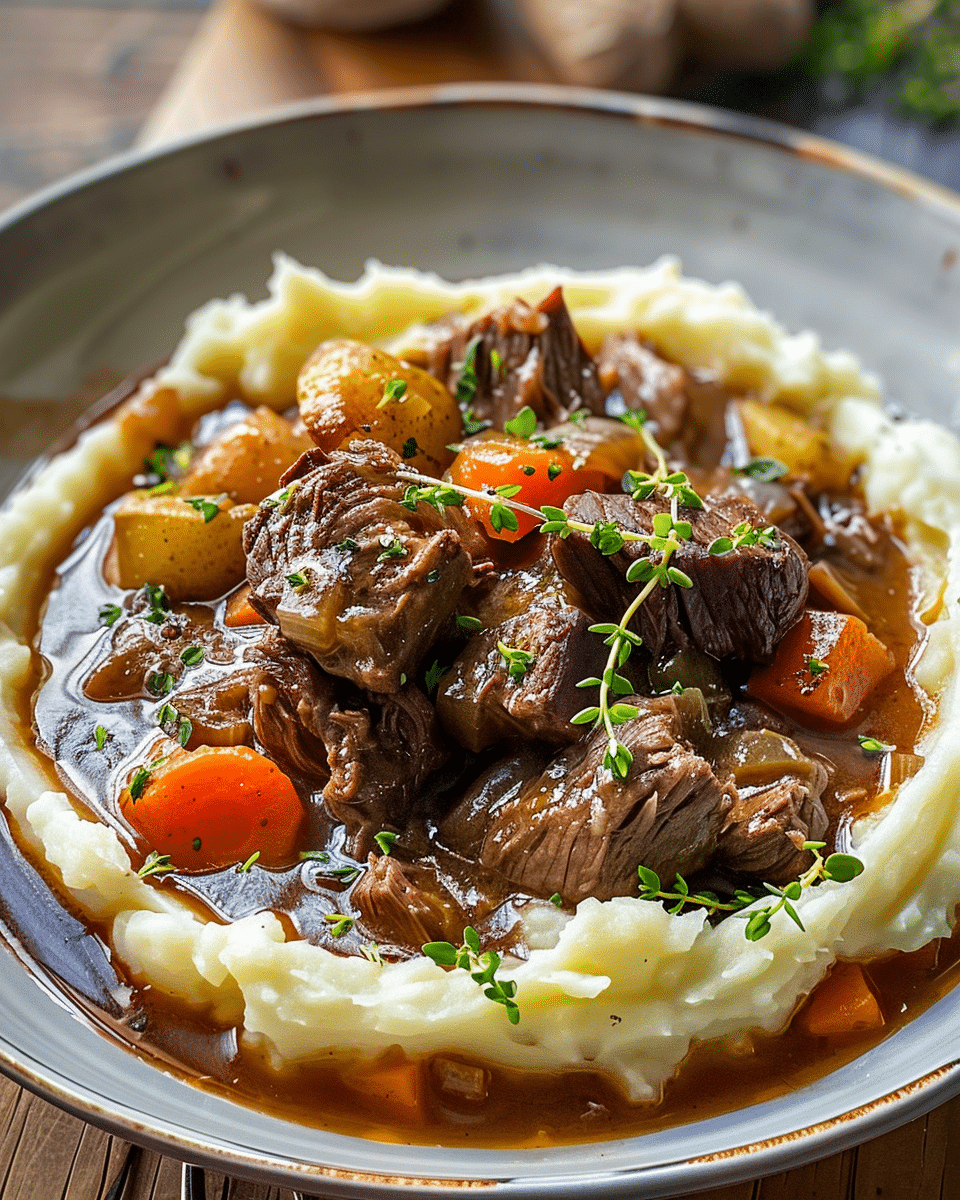 Fall Apple Cider Beef Stew over Mashed Potatoes