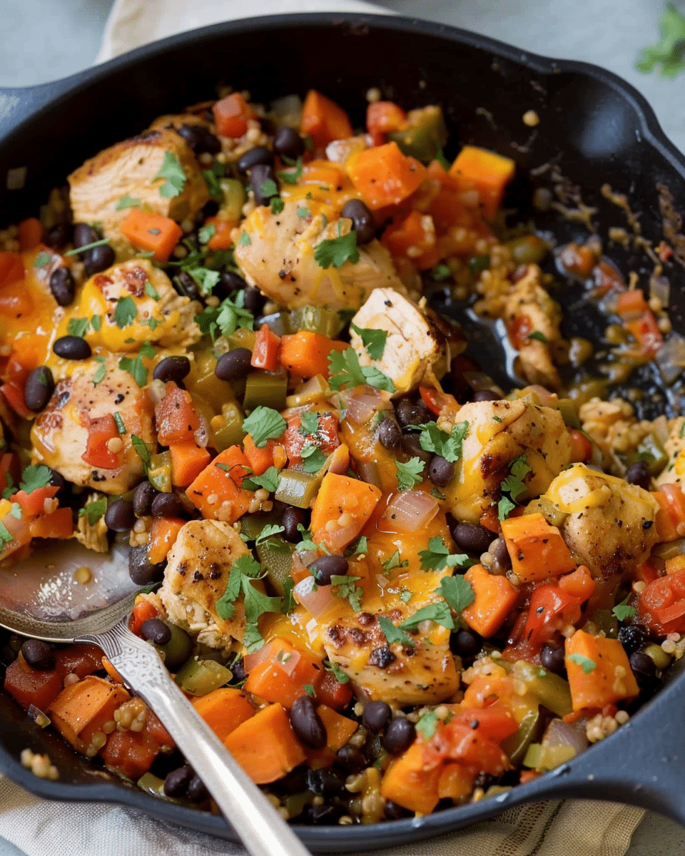Mexican-Style Chicken, Sweet Potato, and Black Bean Skillet