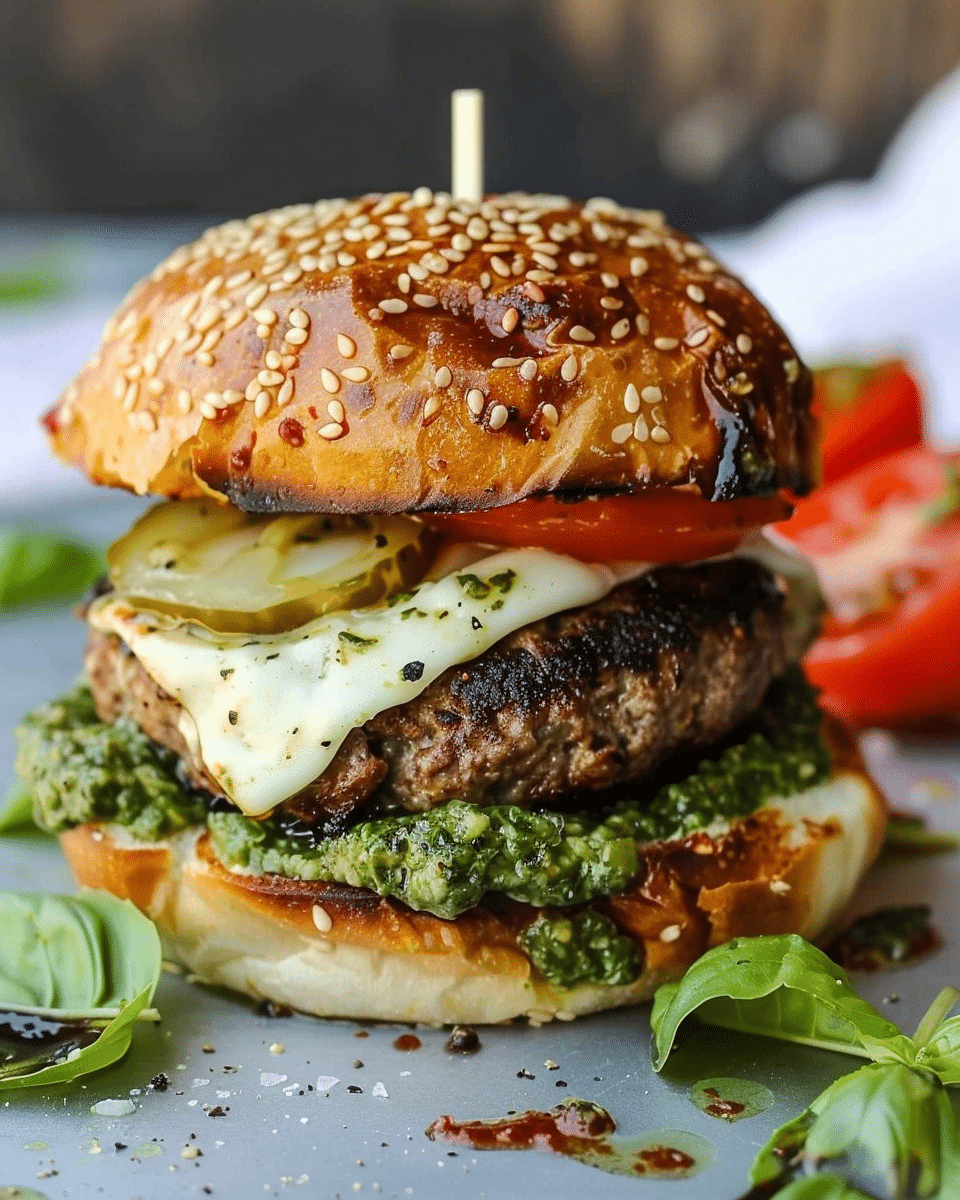 Caprese Burger with Artichoke Pesto Sauce