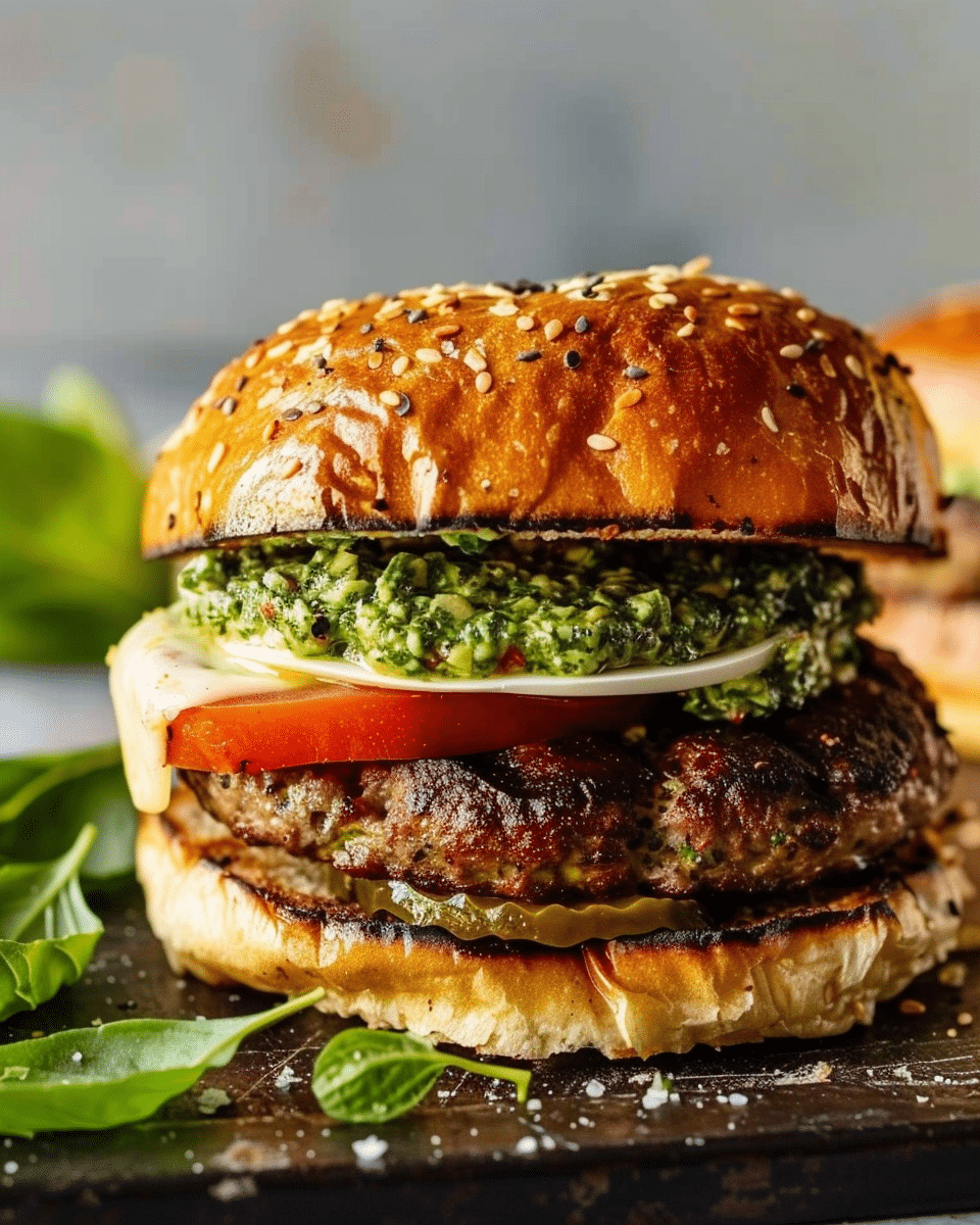 Caprese Burger with Artichoke Pesto Sauce
