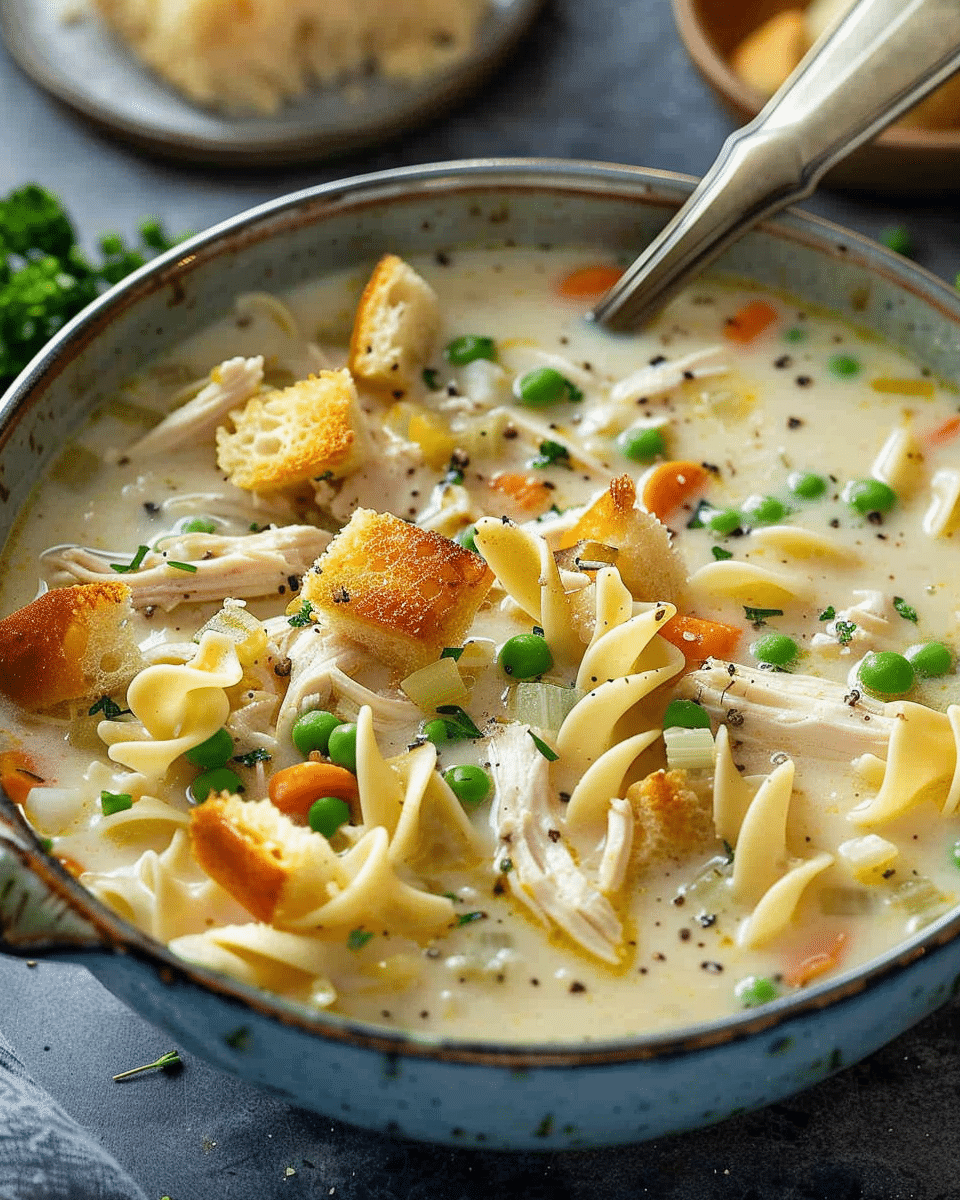 Creamy Chicken Noodle Soup with Mini Croutons