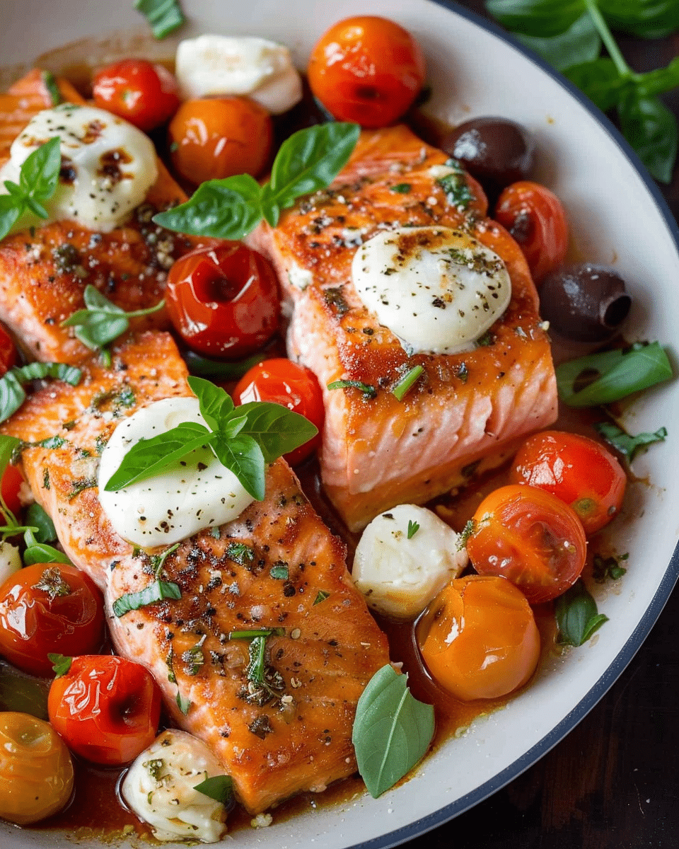 Pan-Seared Salmon with Cherry Tomatoes and Mozzarella