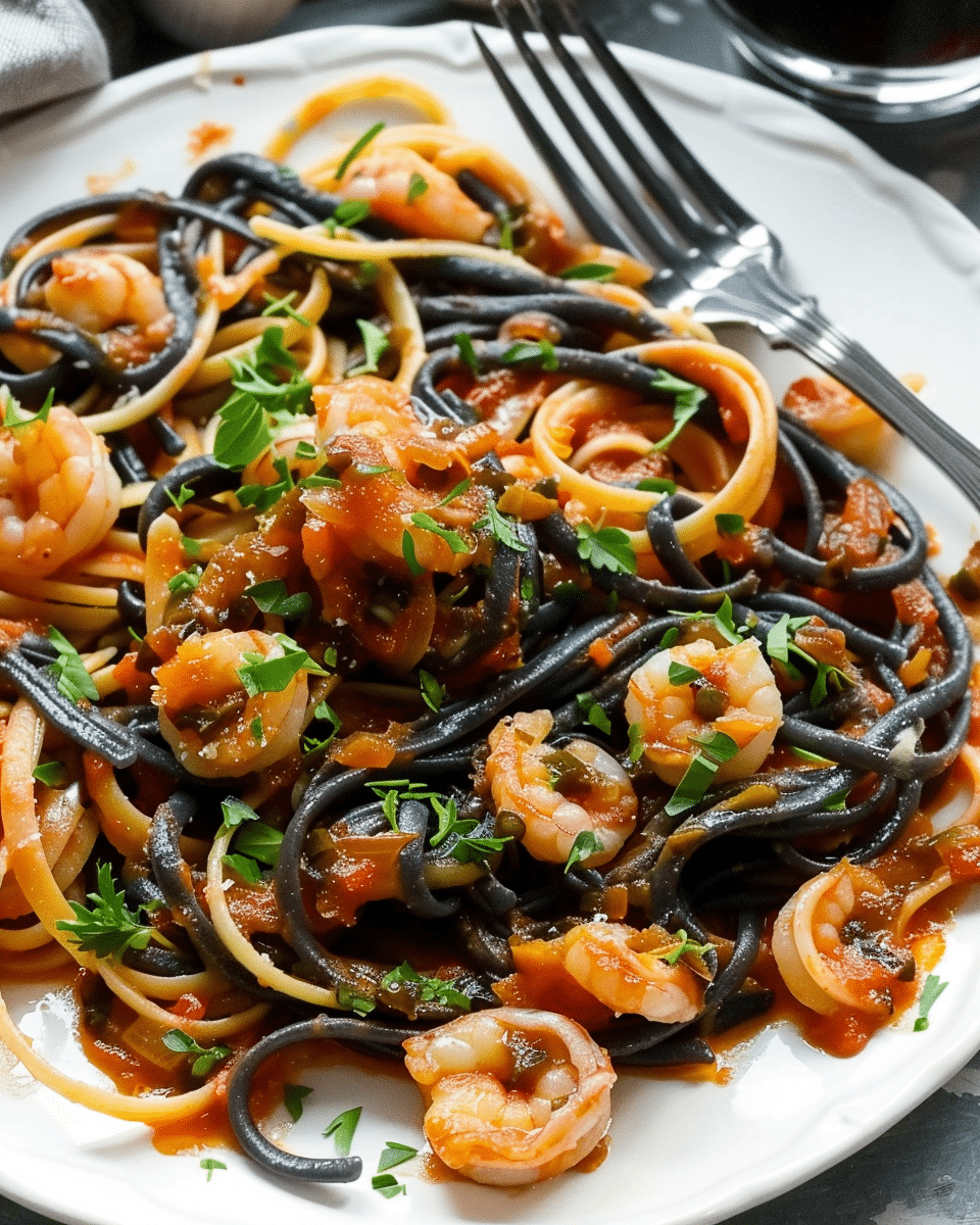 Squid Ink Pasta with Seafood in San Marzano Tomato Sauce