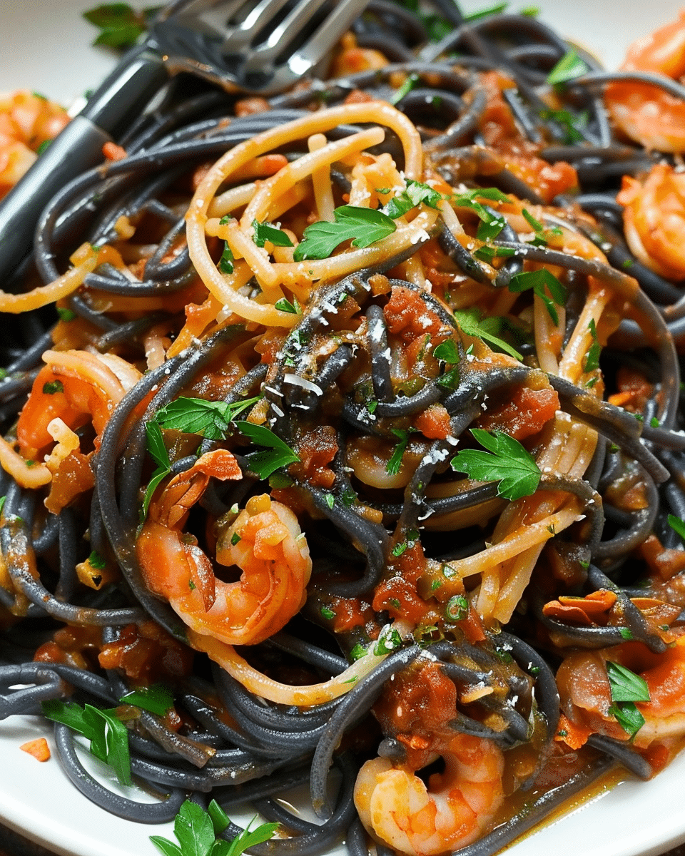 Squid Ink Pasta with Seafood in San Marzano Tomato Sauce