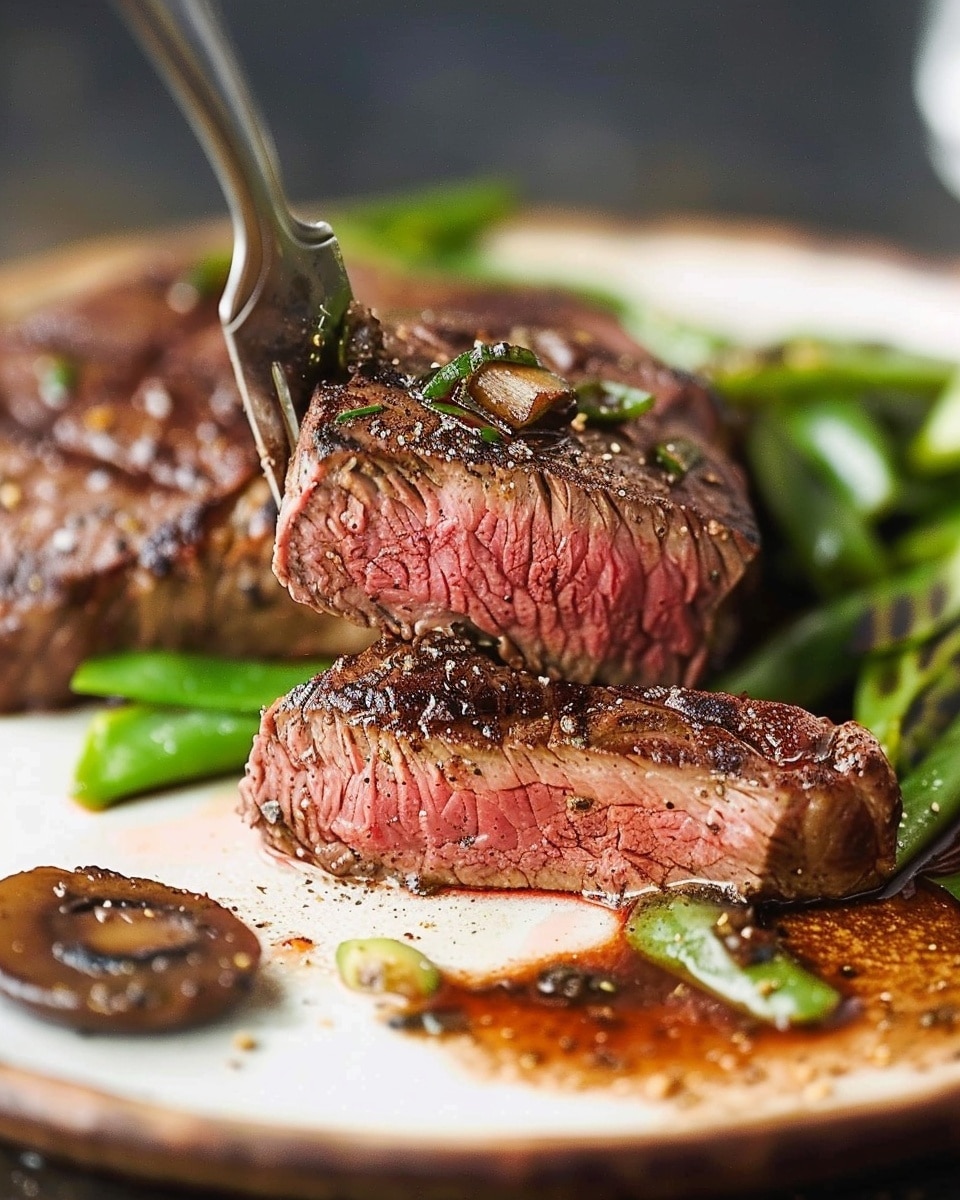 New York Strip Steak with Green Beans and Mushrooms