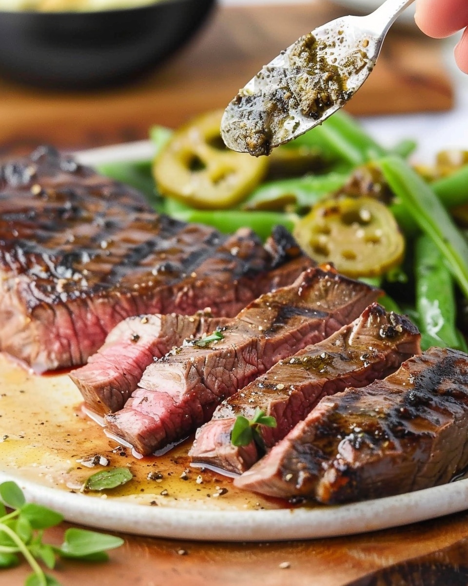 New York Strip Steak with Green Beans and Mushrooms
