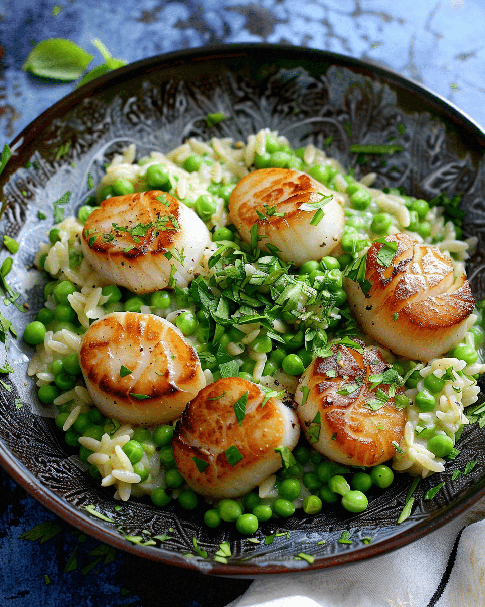 Spring Pea Orzotto with Pan-Seared Scallops