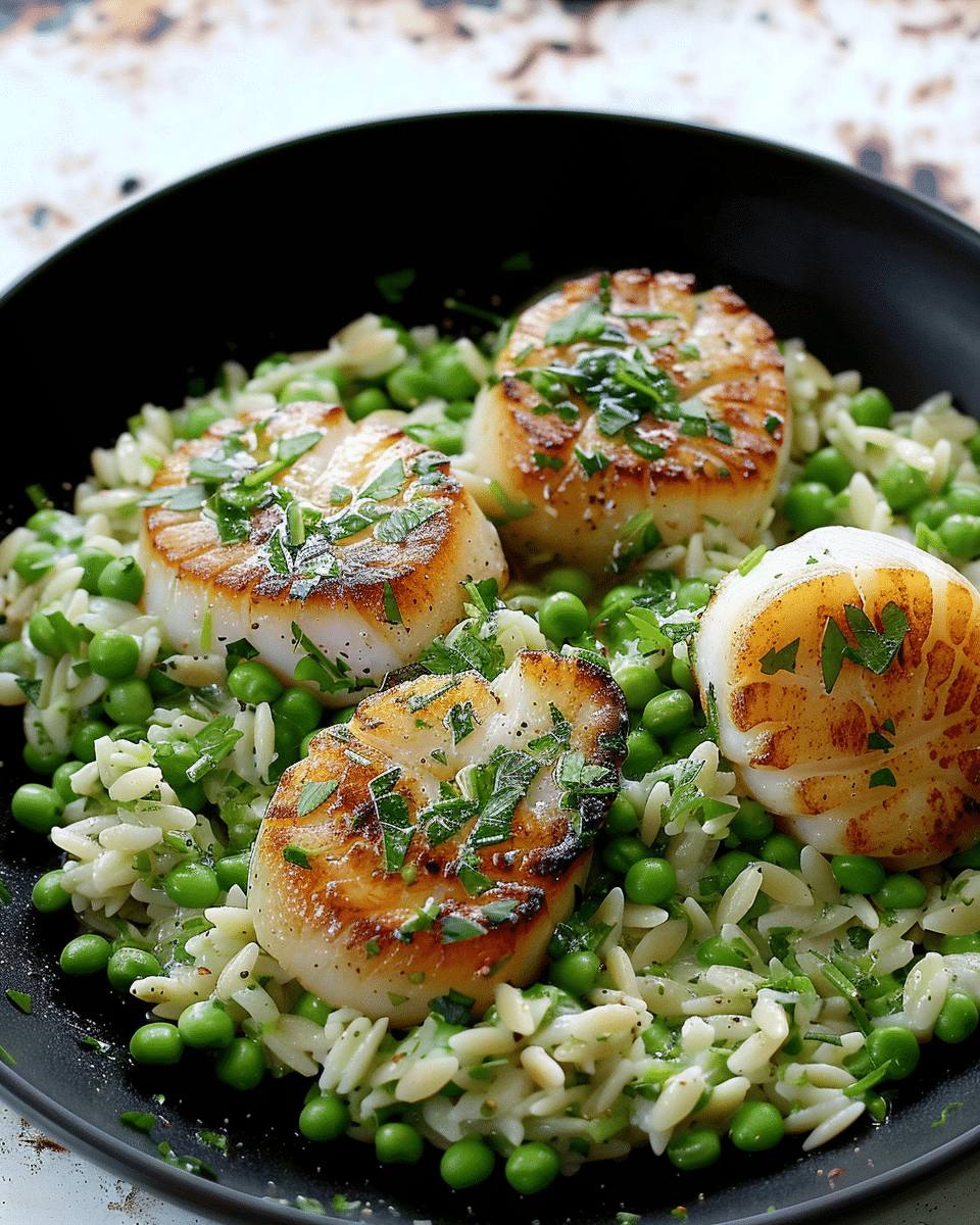 Spring Pea Orzotto with Pan-Seared Scallops