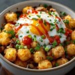 Ultimate Tater Tot Breakfast Bowl Recipe{ "Description": "A hearty and indulgent breakfast bowl layered with crispy tater tots, fluffy scrambled eggs, savory sausage, melted cheese, and fresh toppings. Perfect for weekend brunch or a comforting breakfast-for-dinner.", "Ingredients": "<ul><li>1 lb frozen tater tots</li><li>4 large eggs</li><li>1/2 cup cooked beef sausage, crumbled</li><li>1/2 cup shredded cheddar cheese</li><li>1/4 cup green onions, chopped</li><li>1/4 cup diced bell peppers (optional)</li><li>Salt, to taste</li><li>Black pepper, to taste</li><li>1 tbsp olive oil</li><li>Sour cream or salsa, optional for serving</li></ul>", "Instructions": "<ol><li>Preheat the oven according to the tater tot package instructions, usually to 425°F (220°C).</li><li>Spread frozen tater tots in a single layer on a baking sheet.</li><li>Bake for 20–25 minutes, flipping halfway through, until golden and crispy.</li><li>While the tots cook, heat olive oil in a skillet over medium heat.</li><li>Whisk the eggs with salt and pepper, then pour into the skillet.</li><li>Scramble the eggs until fully cooked but still soft.</li><li>To assemble, layer tater tots with scrambled eggs, sausage, cheddar cheese, bell peppers, and green onions.</li><li>Return to the oven briefly if needed to melt the cheese.</li><li>Top with sour cream or salsa and serve warm.</li></ol>", "Notes": "<ul><li>Air fryer tater tots are extra crispy if preferred.</li><li>Swap cheddar with pepper jack or mozzarella for variation.</li><li>Skip sausage and add vegetables for a meat-free version.</li><li>Reheat in the oven or air fryer to maintain crispiness.</li><li>Add avocado or hot sauce for extra flavor.</li></ul>", "Details": { "Prep Time": "10 minutes", "Cook Time": "30 minutes", "Total Time": "40 minutes", "Yield": "4 servings", "Category": "Breakfast", "Method": "Baking & Stovetop", "Cuisine": "American", "Diet": "Halal" }, "Keywords": "tater tot breakfast bowl, breakfast bowl recipe, hearty breakfast, brunch recipe, tater tots and eggs", "Nutrition": { "Serving Size": "1 bowl", "Calories": "520", "Sugar": "3g", "Sodium": "780mg", "Fat": "32g", "Saturated Fat": "12g", "Unsaturated Fat": "17g", "Trans Fat": "0.5g", "Carbohydrates": "40g", "Fiber": "4g", "Protein": "20g", "Cholesterol": "210mg" } }