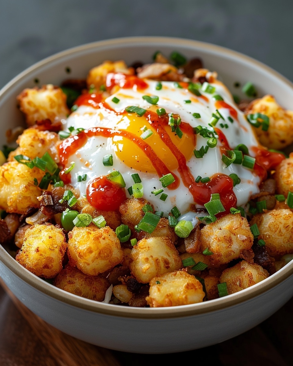 Ultimate Tater Tot Breakfast Bowl Recipe{ "Description": "A hearty and indulgent breakfast bowl layered with crispy tater tots, fluffy scrambled eggs, savory sausage, melted cheese, and fresh toppings. Perfect for weekend brunch or a comforting breakfast-for-dinner.", "Ingredients": "<ul><li>1 lb frozen tater tots</li><li>4 large eggs</li><li>1/2 cup cooked beef sausage, crumbled</li><li>1/2 cup shredded cheddar cheese</li><li>1/4 cup green onions, chopped</li><li>1/4 cup diced bell peppers (optional)</li><li>Salt, to taste</li><li>Black pepper, to taste</li><li>1 tbsp olive oil</li><li>Sour cream or salsa, optional for serving</li></ul>", "Instructions": "<ol><li>Preheat the oven according to the tater tot package instructions, usually to 425°F (220°C).</li><li>Spread frozen tater tots in a single layer on a baking sheet.</li><li>Bake for 20–25 minutes, flipping halfway through, until golden and crispy.</li><li>While the tots cook, heat olive oil in a skillet over medium heat.</li><li>Whisk the eggs with salt and pepper, then pour into the skillet.</li><li>Scramble the eggs until fully cooked but still soft.</li><li>To assemble, layer tater tots with scrambled eggs, sausage, cheddar cheese, bell peppers, and green onions.</li><li>Return to the oven briefly if needed to melt the cheese.</li><li>Top with sour cream or salsa and serve warm.</li></ol>", "Notes": "<ul><li>Air fryer tater tots are extra crispy if preferred.</li><li>Swap cheddar with pepper jack or mozzarella for variation.</li><li>Skip sausage and add vegetables for a meat-free version.</li><li>Reheat in the oven or air fryer to maintain crispiness.</li><li>Add avocado or hot sauce for extra flavor.</li></ul>", "Details": { "Prep Time": "10 minutes", "Cook Time": "30 minutes", "Total Time": "40 minutes", "Yield": "4 servings", "Category": "Breakfast", "Method": "Baking & Stovetop", "Cuisine": "American", "Diet": "Halal" }, "Keywords": "tater tot breakfast bowl, breakfast bowl recipe, hearty breakfast, brunch recipe, tater tots and eggs", "Nutrition": { "Serving Size": "1 bowl", "Calories": "520", "Sugar": "3g", "Sodium": "780mg", "Fat": "32g", "Saturated Fat": "12g", "Unsaturated Fat": "17g", "Trans Fat": "0.5g", "Carbohydrates": "40g", "Fiber": "4g", "Protein": "20g", "Cholesterol": "210mg" } }