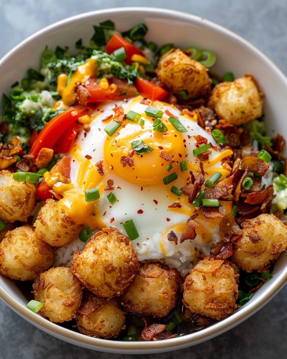 Ultimate Tater Tot Breakfast Bowl Recipe{ "Description": "A hearty and indulgent breakfast bowl layered with crispy tater tots, fluffy scrambled eggs, savory sausage, melted cheese, and fresh toppings. Perfect for weekend brunch or a comforting breakfast-for-dinner.", "Ingredients": "<ul><li>1 lb frozen tater tots</li><li>4 large eggs</li><li>1/2 cup cooked beef sausage, crumbled</li><li>1/2 cup shredded cheddar cheese</li><li>1/4 cup green onions, chopped</li><li>1/4 cup diced bell peppers (optional)</li><li>Salt, to taste</li><li>Black pepper, to taste</li><li>1 tbsp olive oil</li><li>Sour cream or salsa, optional for serving</li></ul>", "Instructions": "<ol><li>Preheat the oven according to the tater tot package instructions, usually to 425°F (220°C).</li><li>Spread frozen tater tots in a single layer on a baking sheet.</li><li>Bake for 20–25 minutes, flipping halfway through, until golden and crispy.</li><li>While the tots cook, heat olive oil in a skillet over medium heat.</li><li>Whisk the eggs with salt and pepper, then pour into the skillet.</li><li>Scramble the eggs until fully cooked but still soft.</li><li>To assemble, layer tater tots with scrambled eggs, sausage, cheddar cheese, bell peppers, and green onions.</li><li>Return to the oven briefly if needed to melt the cheese.</li><li>Top with sour cream or salsa and serve warm.</li></ol>", "Notes": "<ul><li>Air fryer tater tots are extra crispy if preferred.</li><li>Swap cheddar with pepper jack or mozzarella for variation.</li><li>Skip sausage and add vegetables for a meat-free version.</li><li>Reheat in the oven or air fryer to maintain crispiness.</li><li>Add avocado or hot sauce for extra flavor.</li></ul>", "Details": { "Prep Time": "10 minutes", "Cook Time": "30 minutes", "Total Time": "40 minutes", "Yield": "4 servings", "Category": "Breakfast", "Method": "Baking & Stovetop", "Cuisine": "American", "Diet": "Halal" }, "Keywords": "tater tot breakfast bowl, breakfast bowl recipe, hearty breakfast, brunch recipe, tater tots and eggs", "Nutrition": { "Serving Size": "1 bowl", "Calories": "520", "Sugar": "3g", "Sodium": "780mg", "Fat": "32g", "Saturated Fat": "12g", "Unsaturated Fat": "17g", "Trans Fat": "0.5g", "Carbohydrates": "40g", "Fiber": "4g", "Protein": "20g", "Cholesterol": "210mg" } }