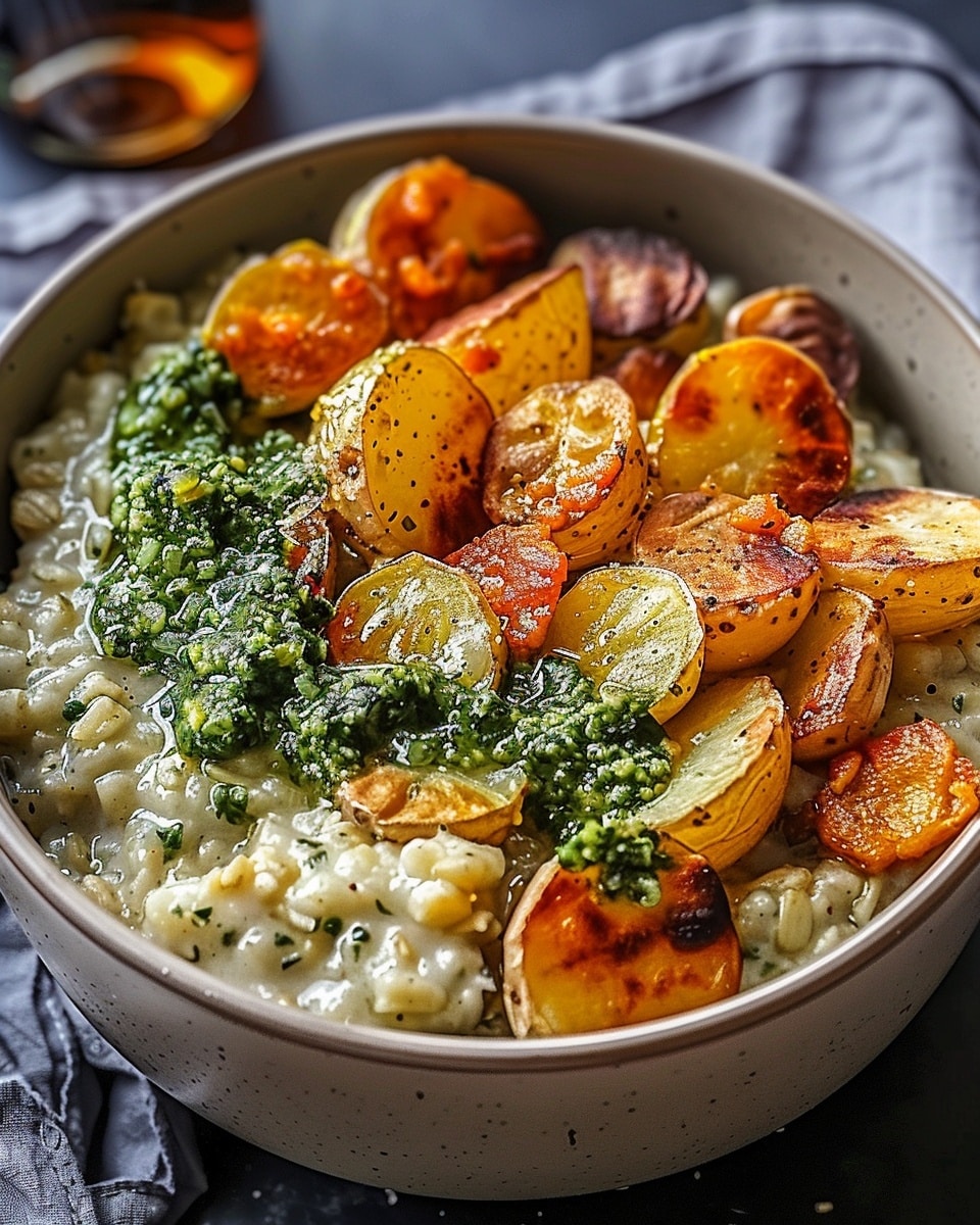 Cheesy Savory Oatmeal with Crispy Potatoes & Pesto