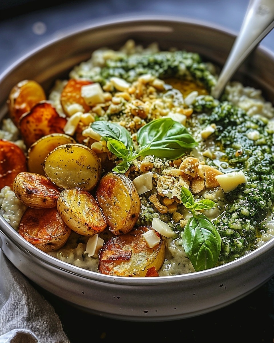 Cheesy Savory Oatmeal with Crispy Potatoes & Pesto